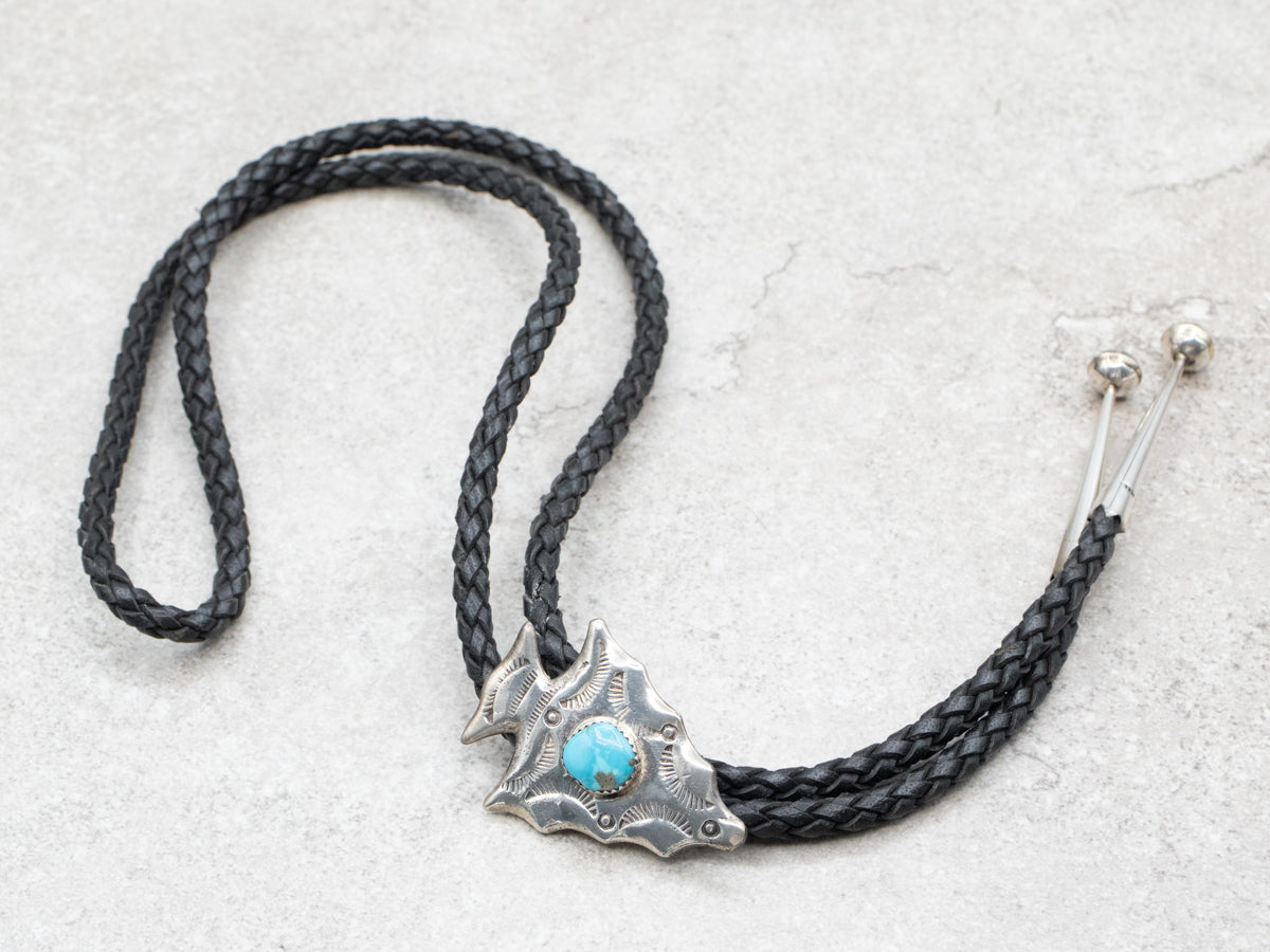 Vintage Leather and Turquoise Arrowhead Bolo Tie