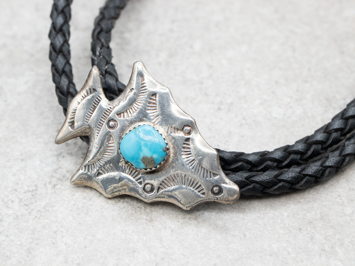 Vintage Leather and Turquoise Arrowhead Bolo Tie