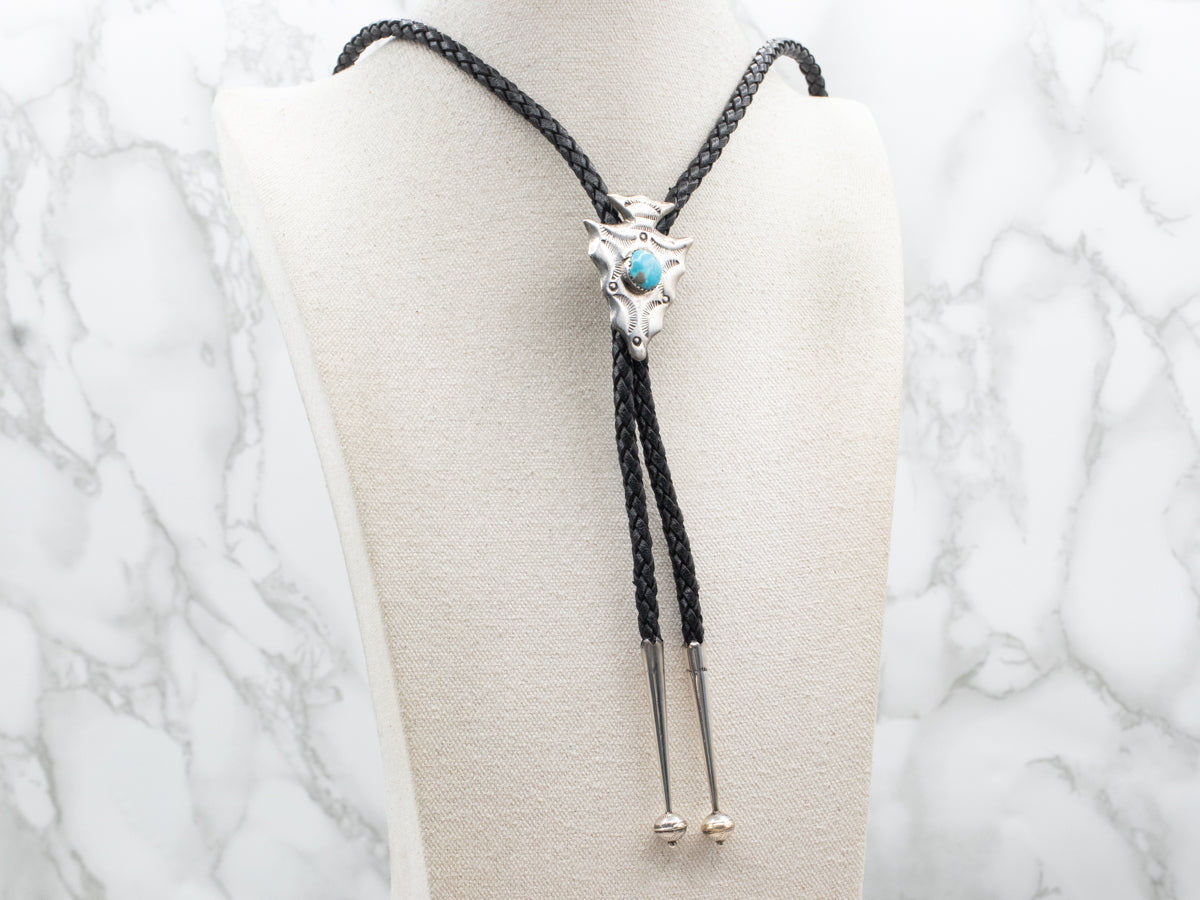 Vintage Leather and Turquoise Arrowhead Bolo Tie