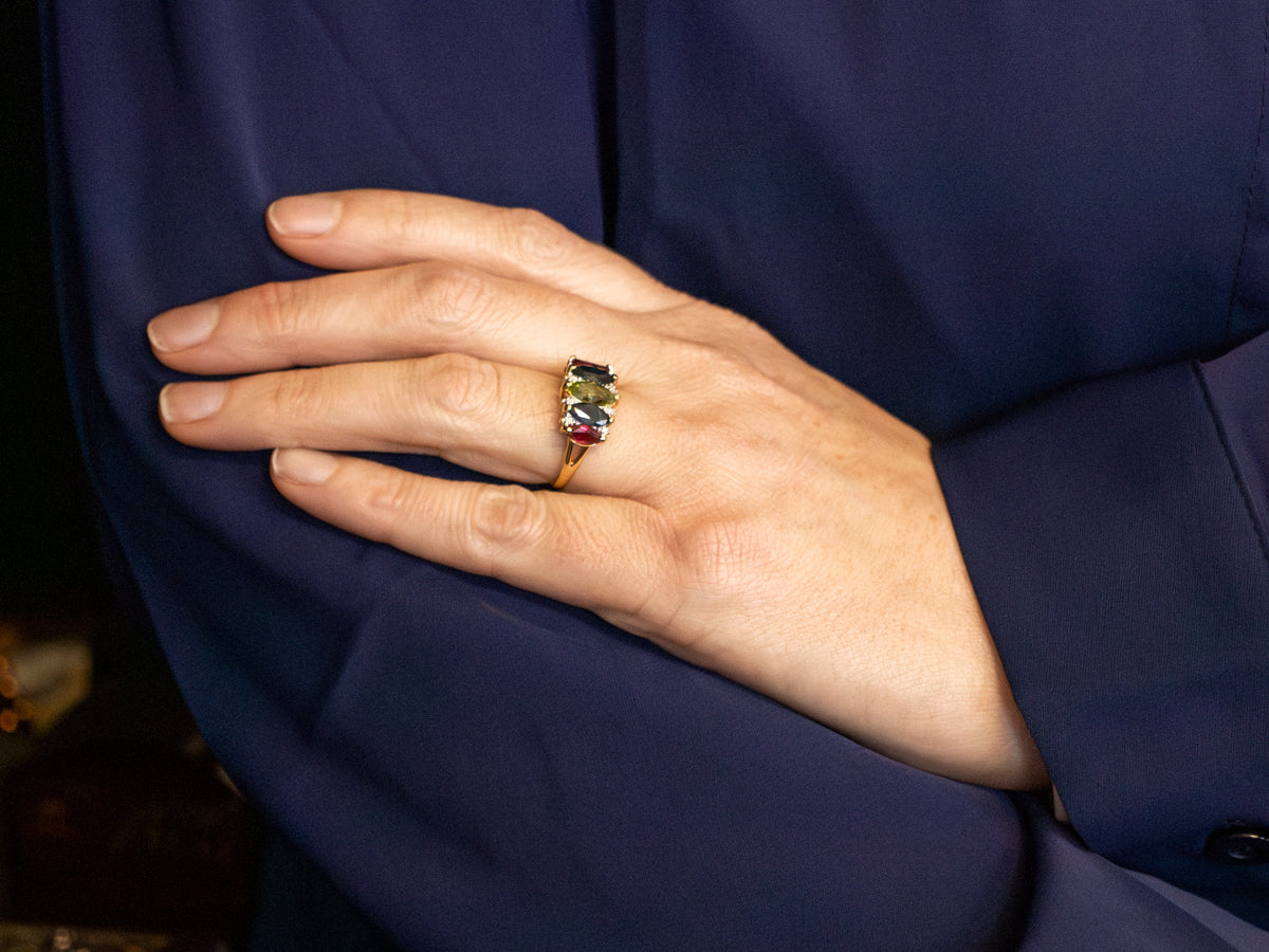 Marquise Peridot Sapphire Ruby and Diamond Statement Ring