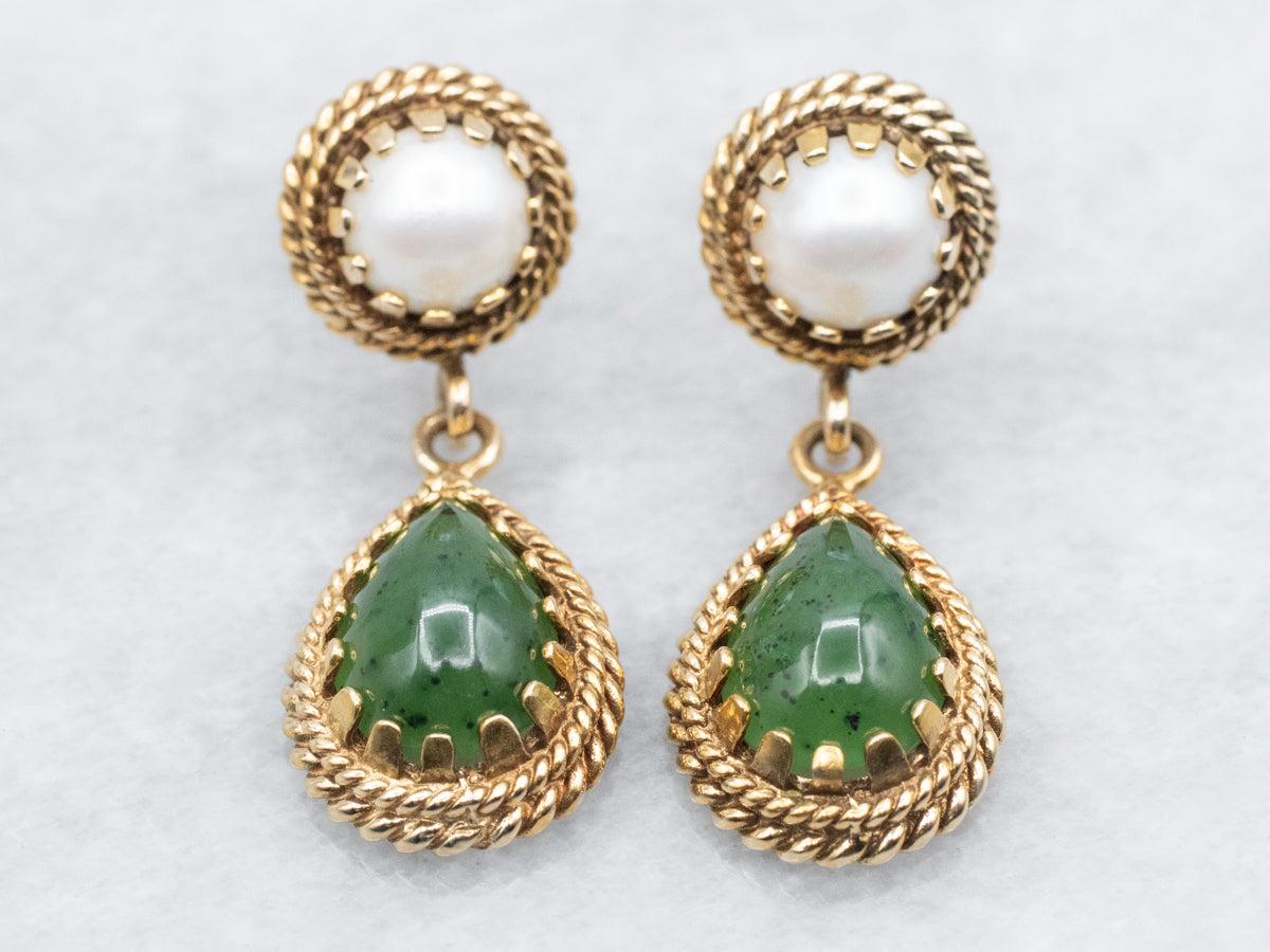 Sophisticated Nephrite Jade and Fine Pearl Drop Earrings