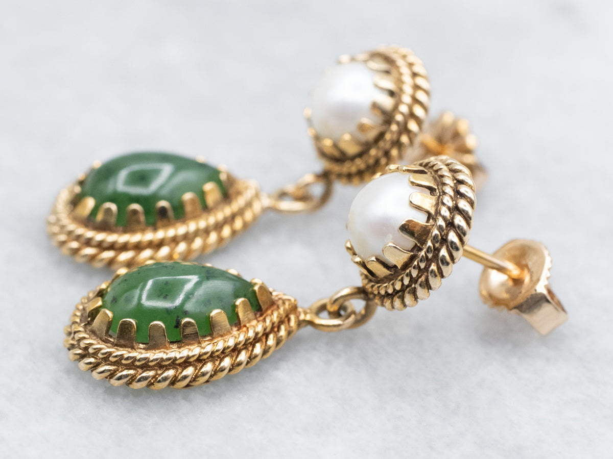 Sophisticated Nephrite Jade and Fine Pearl Drop Earrings