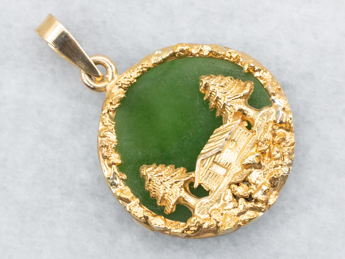 Alaskan Cabin Nephrite Jade and Gold Nugget Pendant