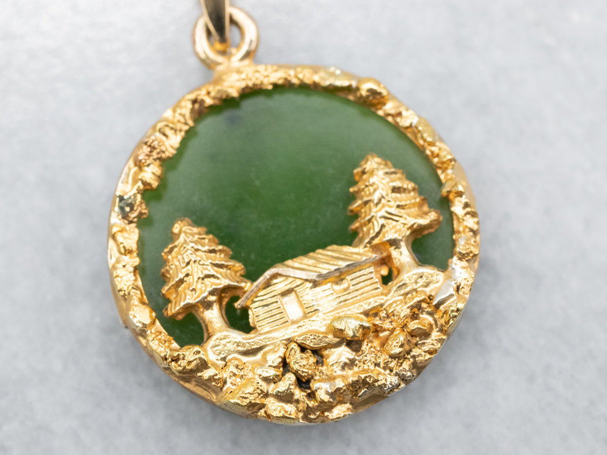 Alaskan Cabin Nephrite Jade and Gold Nugget Pendant