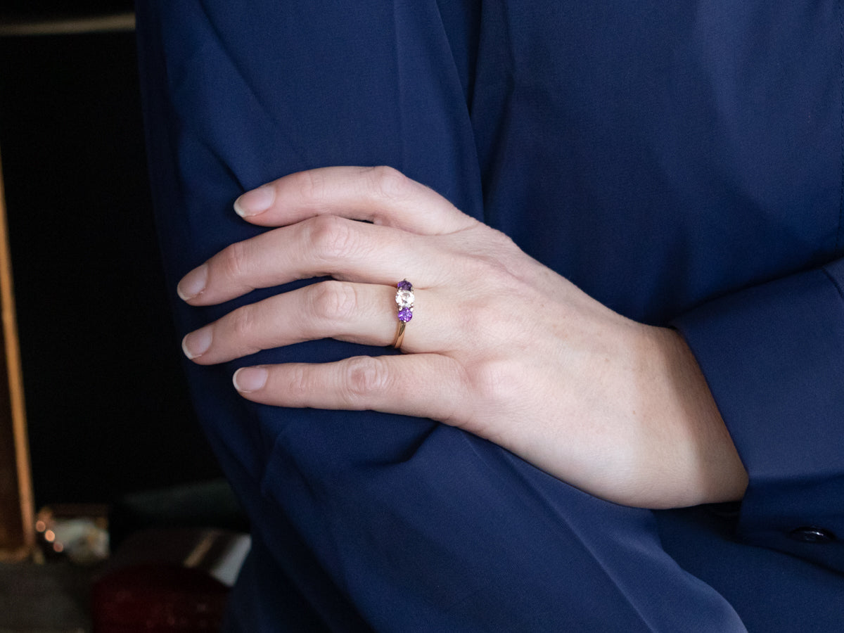 White Zircon and Amethyst Three Stone Ring