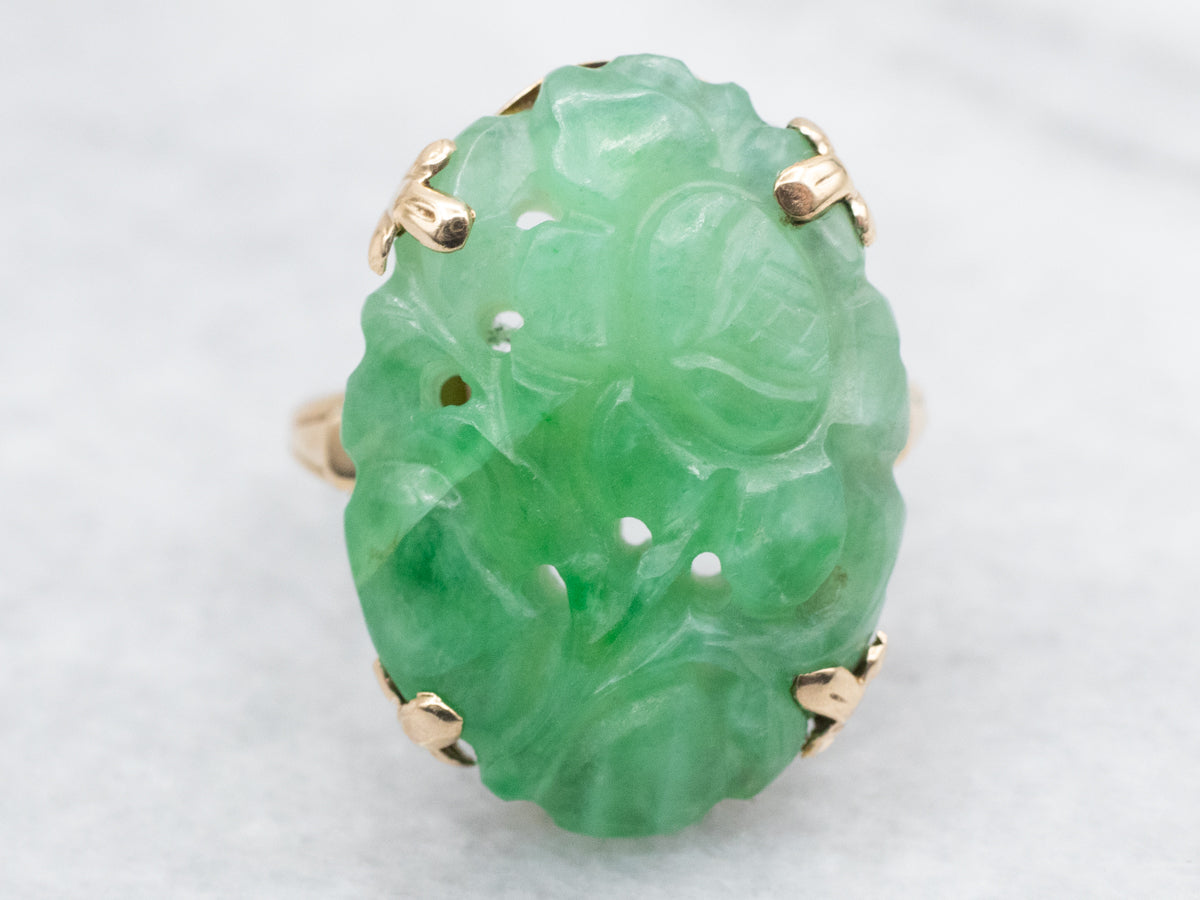 Carved Jadeite Floral Ring in Vintage Gold Setting