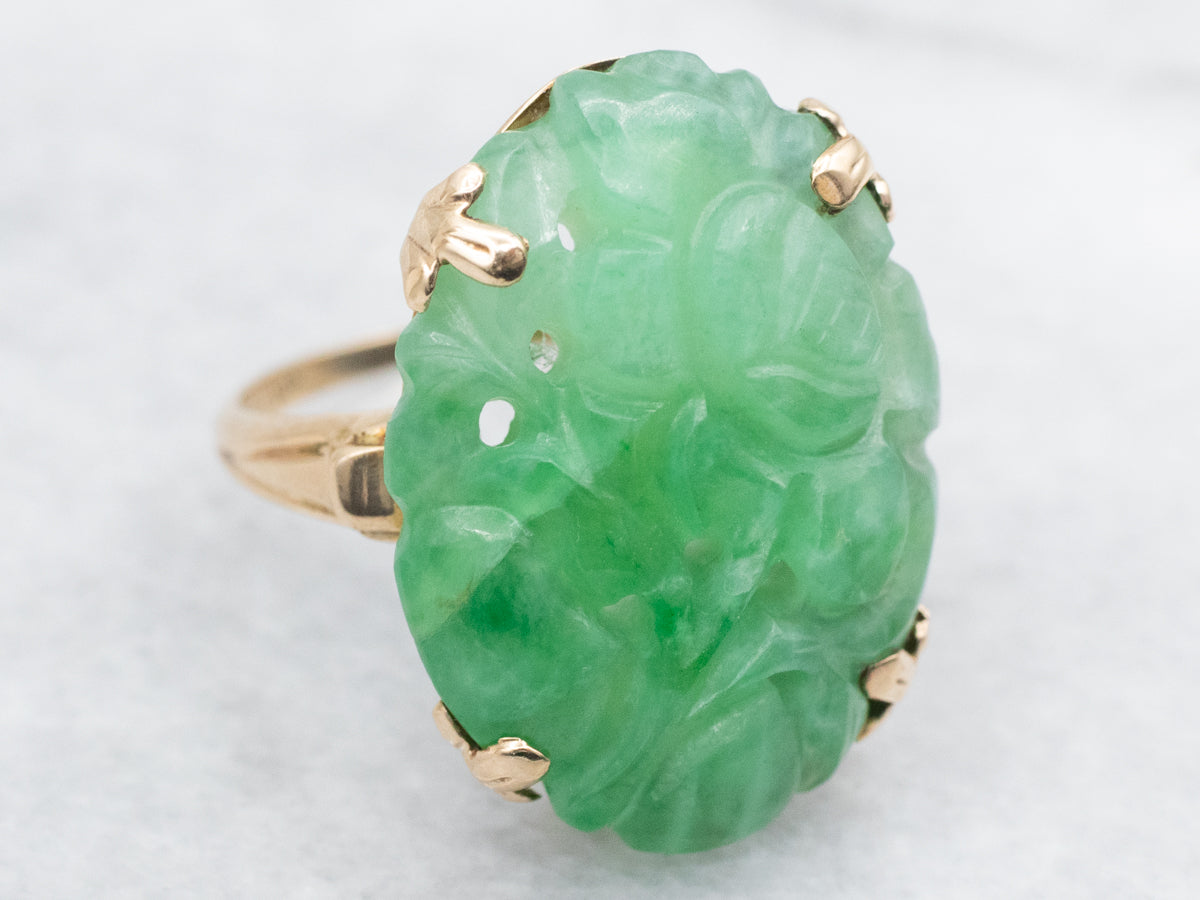 Carved Jadeite Floral Ring in Vintage Gold Setting