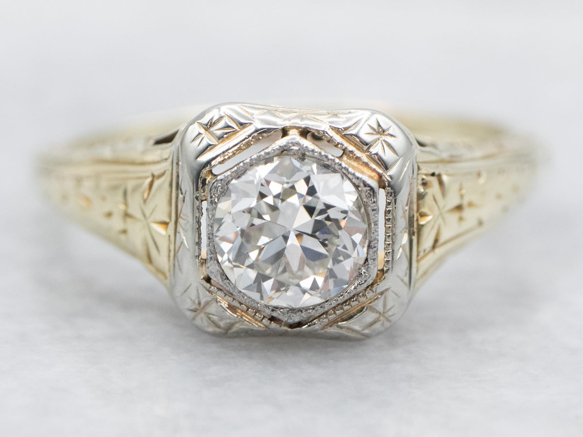 Art Deco Round Transitional Cut Diamond Solitaire Engagement Ring