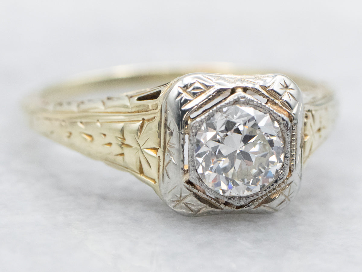 Art Deco Round Transitional Cut Diamond Solitaire Engagement Ring