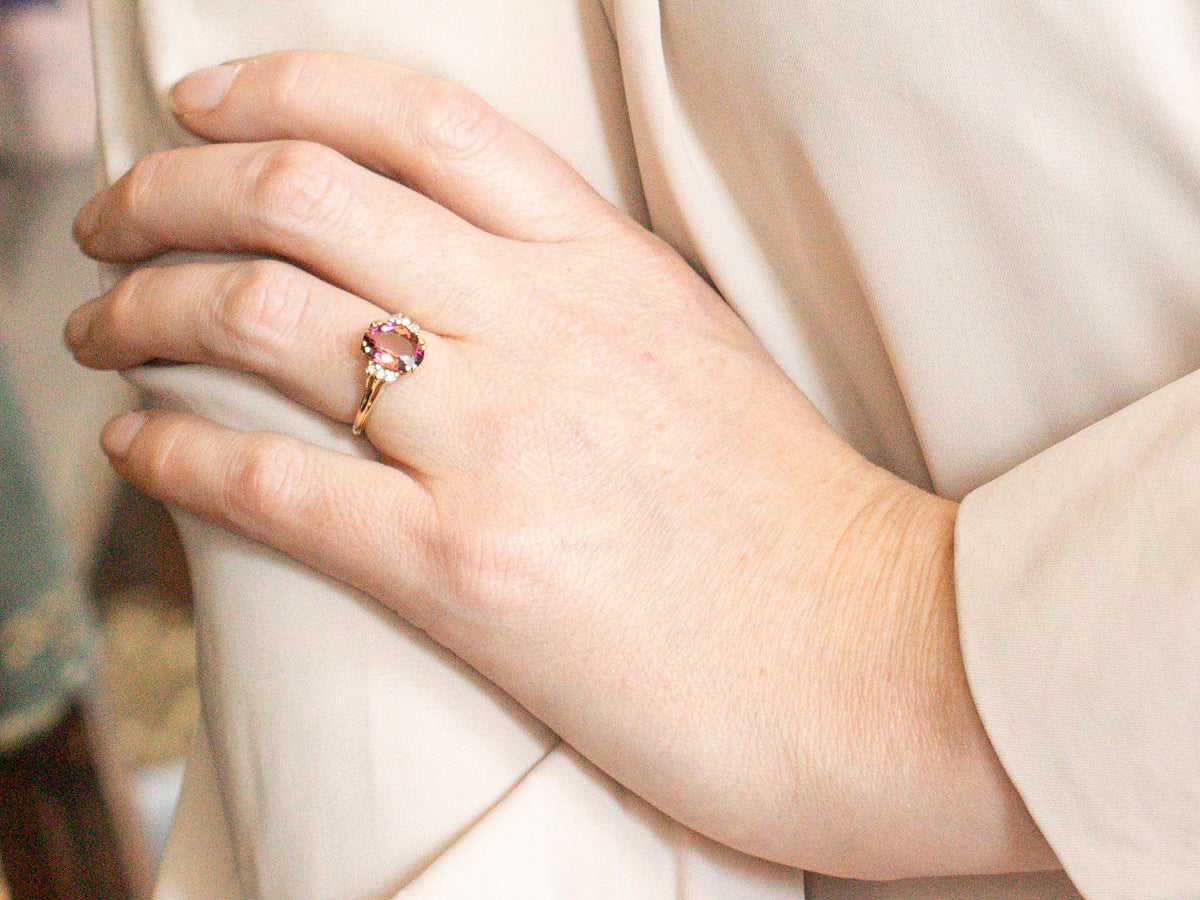 Pink Tourmaline and Diamond Split Shank Ring