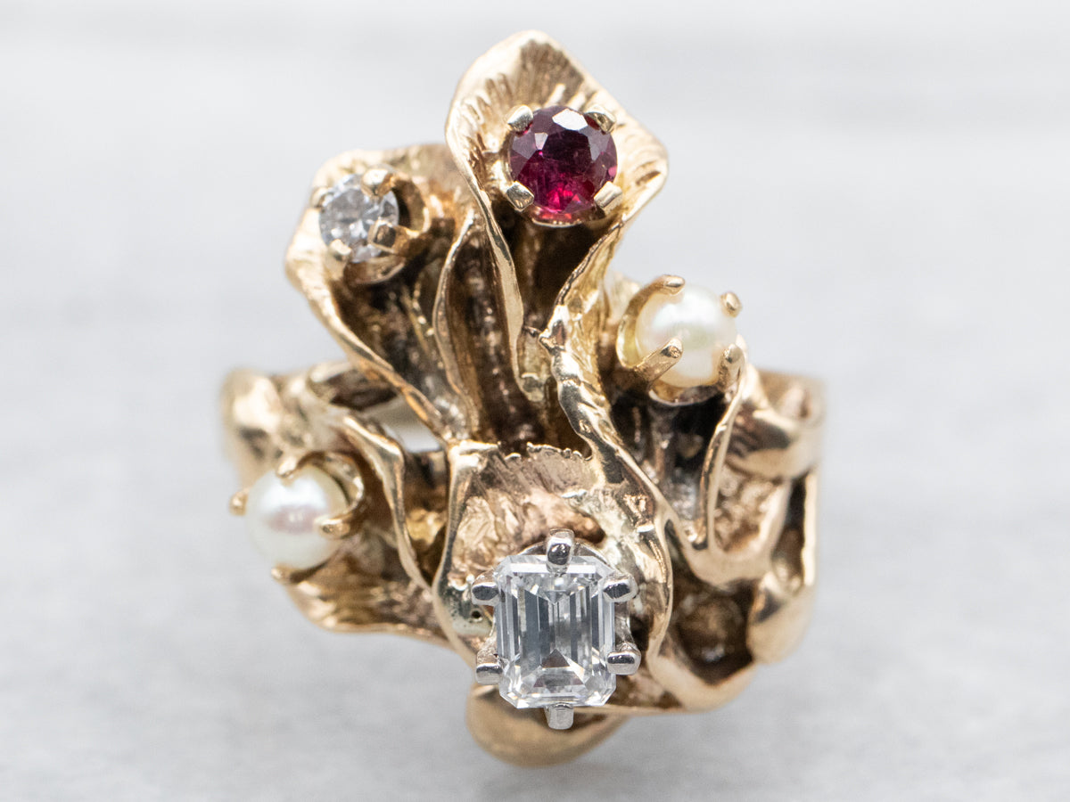 Antique Floral Ring with Diamonds, Seed Pearls, and Ruby