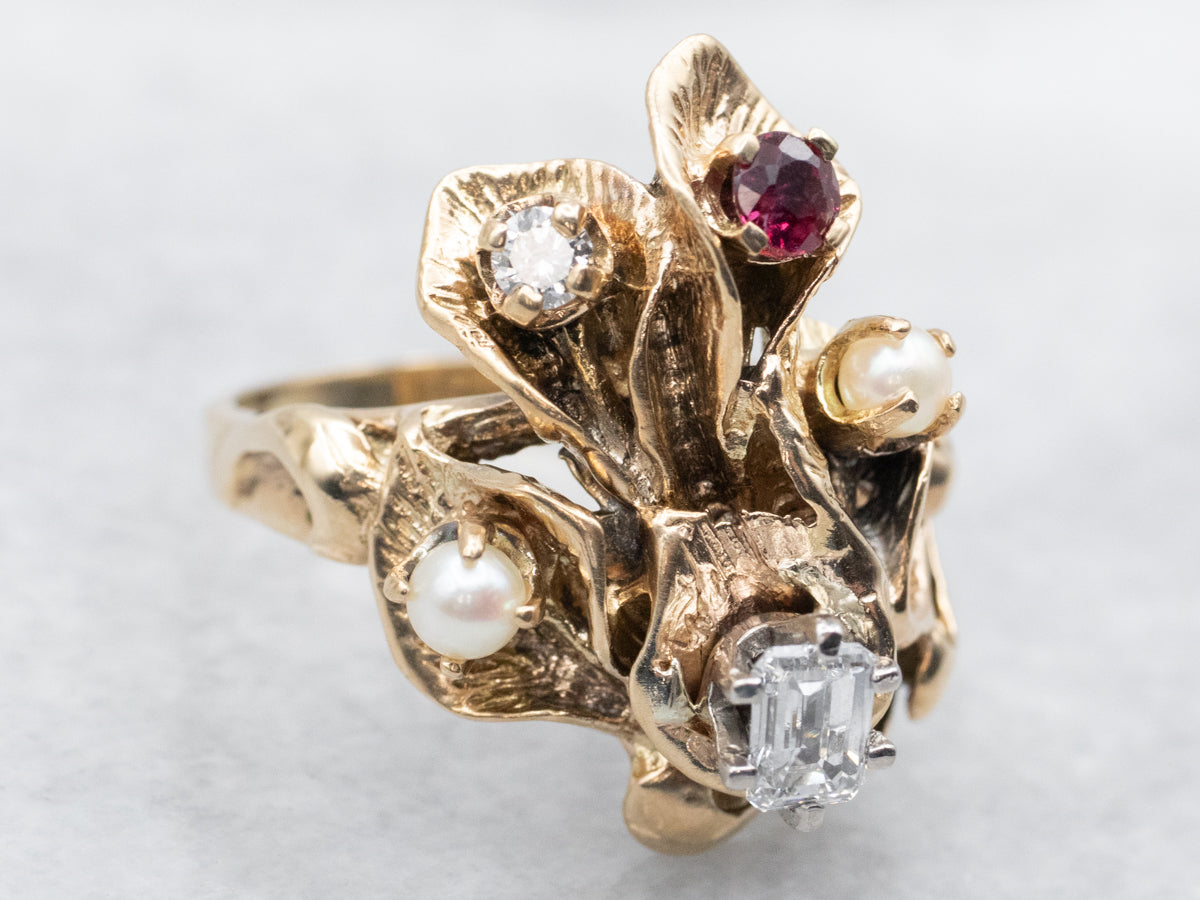 Antique Floral Ring with Diamonds, Seed Pearls, and Ruby