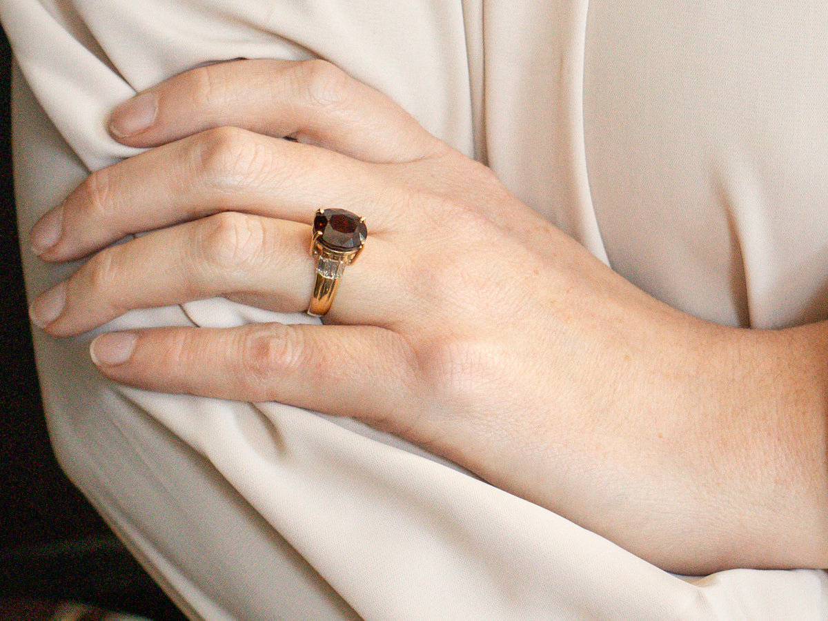 Contemporary Garnet and Gold Cocktail Ring with True Fire