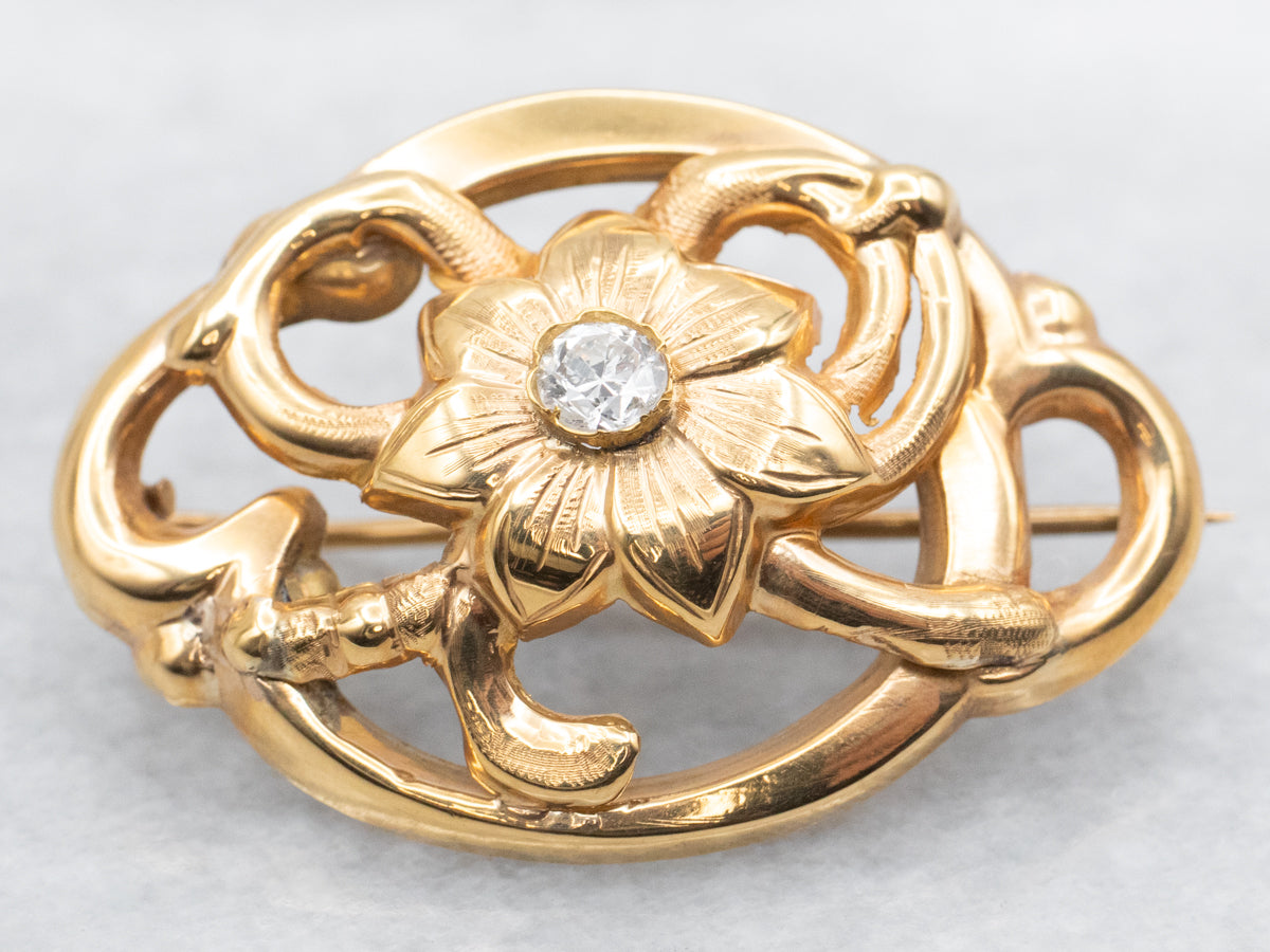 Antique Botanical Brooch with Diamond Accent