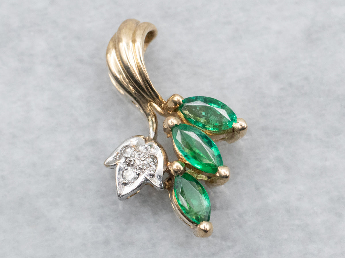 Botanical Marquise Cut Emerald and Diamond Pendant