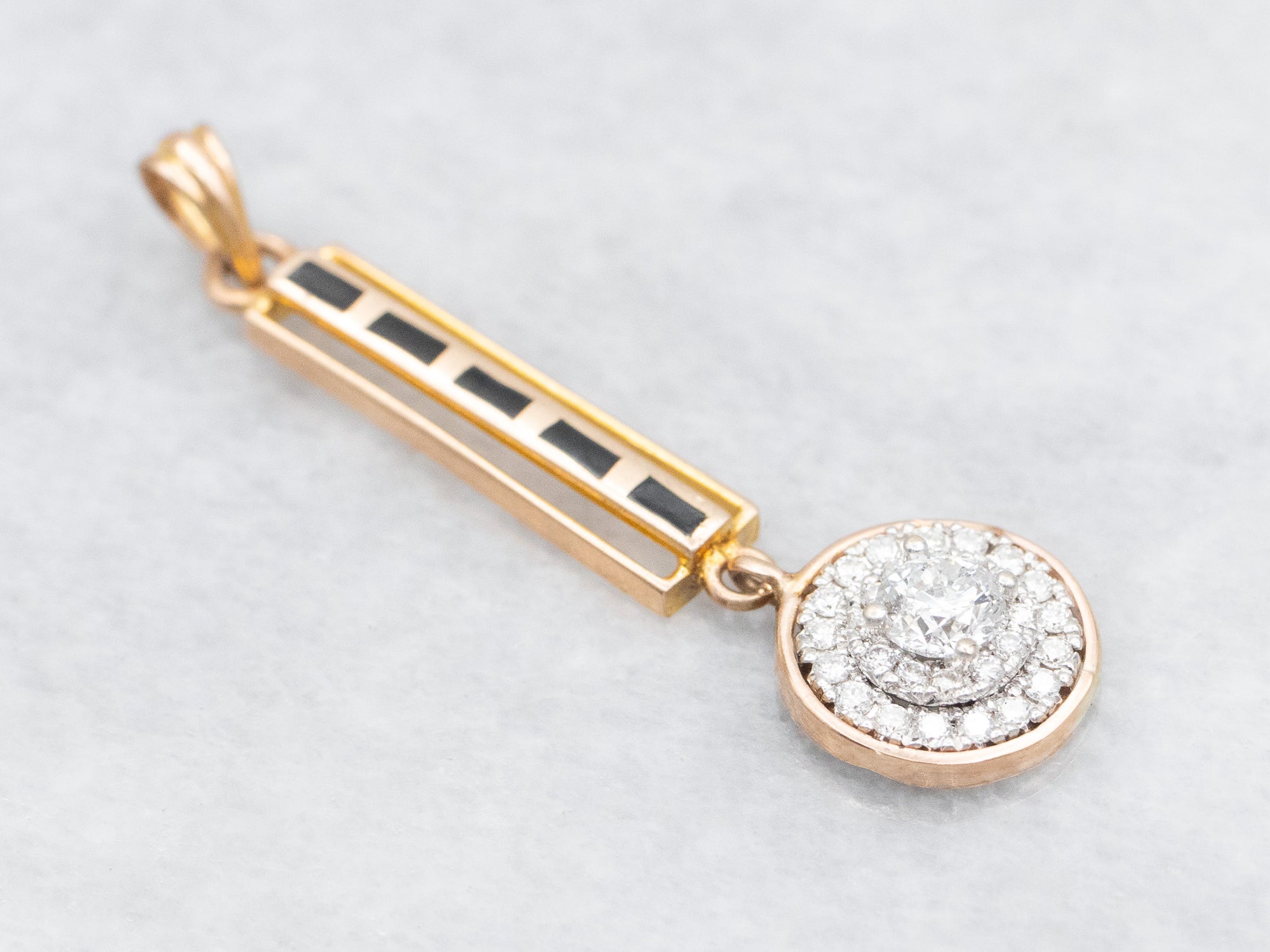 Black Enamel Gold Bar Drop Pendant with Diamond Halo