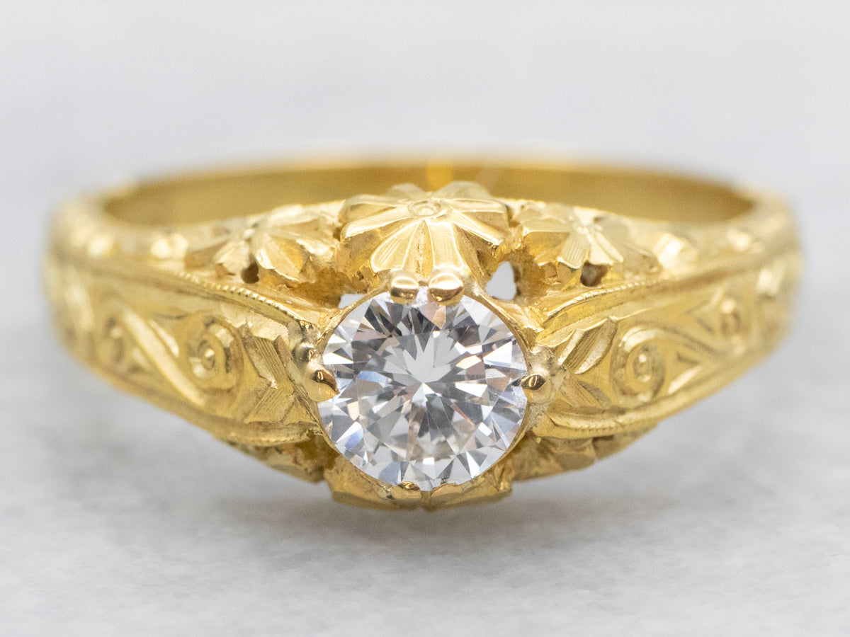 Finely Carved Diamond Solitaire Gold Engagement Ring