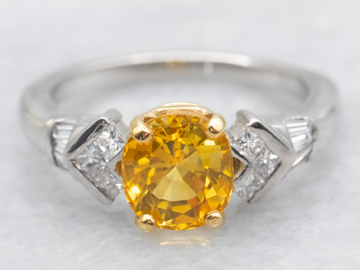 Golden Sapphire and Platinum Ladies Luxury Ring with Diamond Highlights