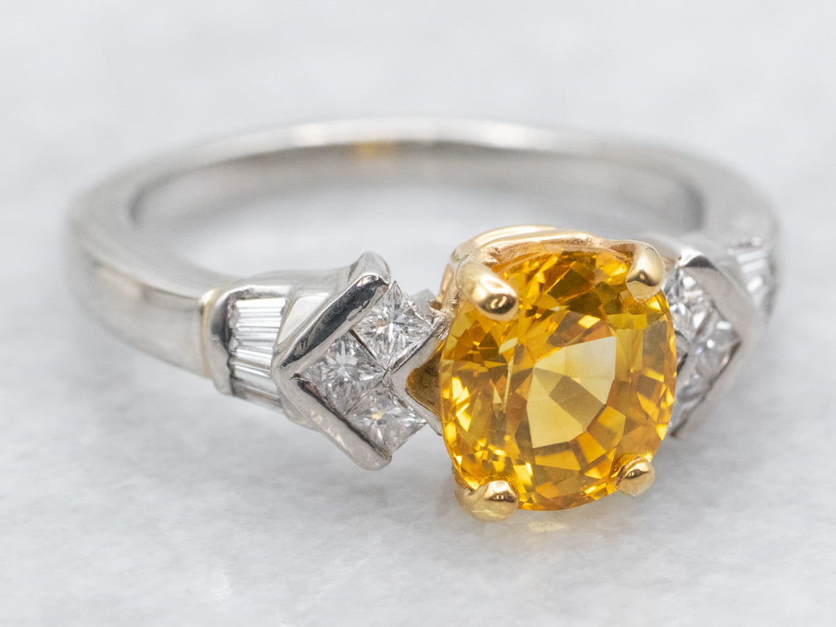 Golden Sapphire and Platinum Ladies Luxury Ring with Diamond Highlights