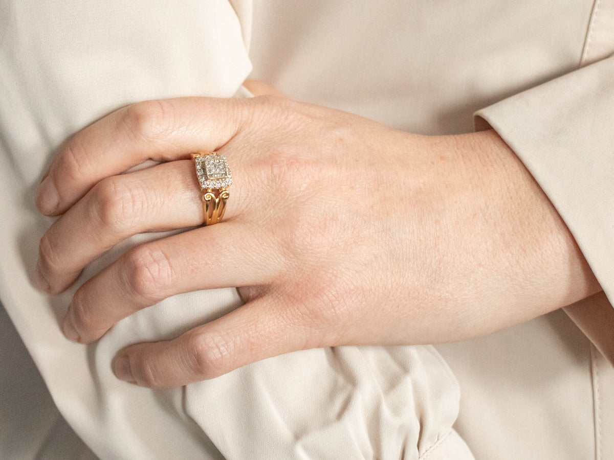 Square Top, Diamond Cocktail Ring set in Mosaic, Illusion Style