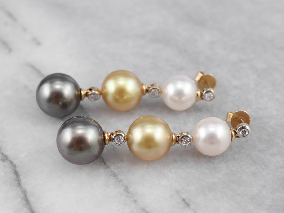 Long Multi Color Pearl and Diamond Drop Earrings