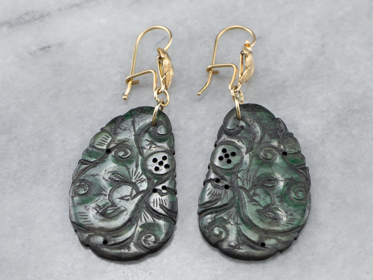 Botanical Carved Jade Gold Drop Earrings