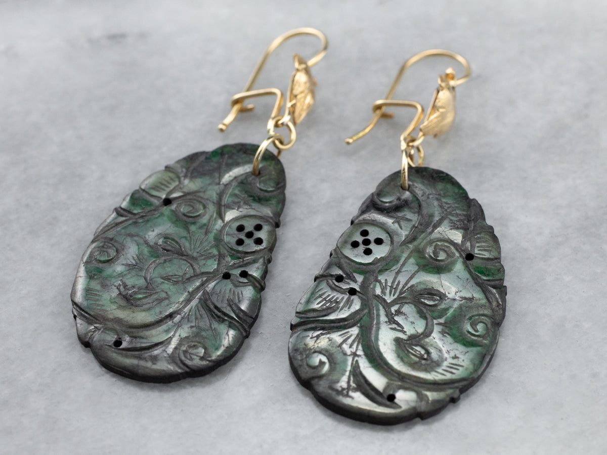 Botanical Carved Jade Gold Drop Earrings