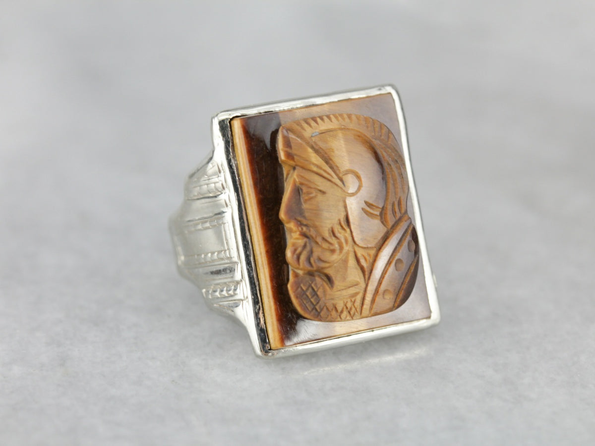 Vintage Tiger&#39;s Eye Cameo White Gold Men&#39;s Ring