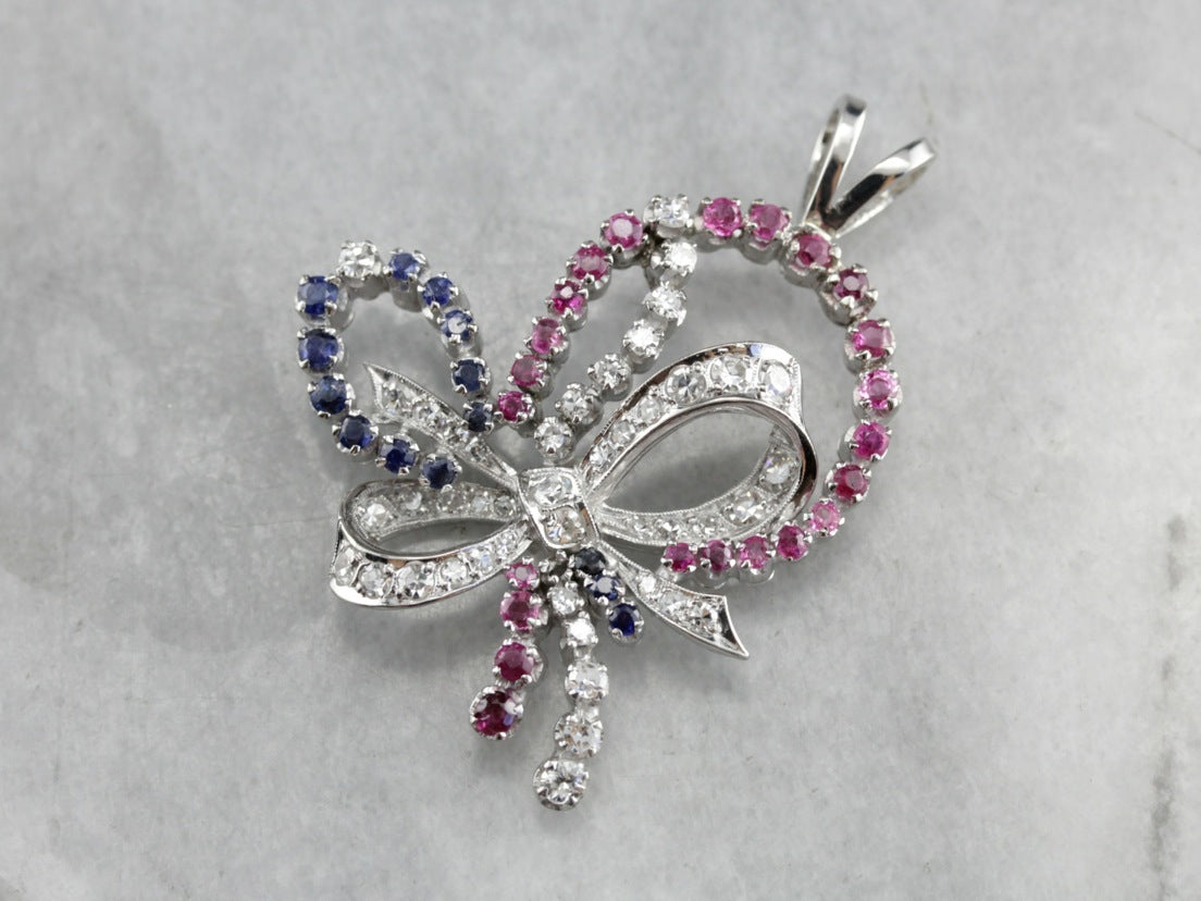 Retro Era Platinum and Diamond Bow Pendant