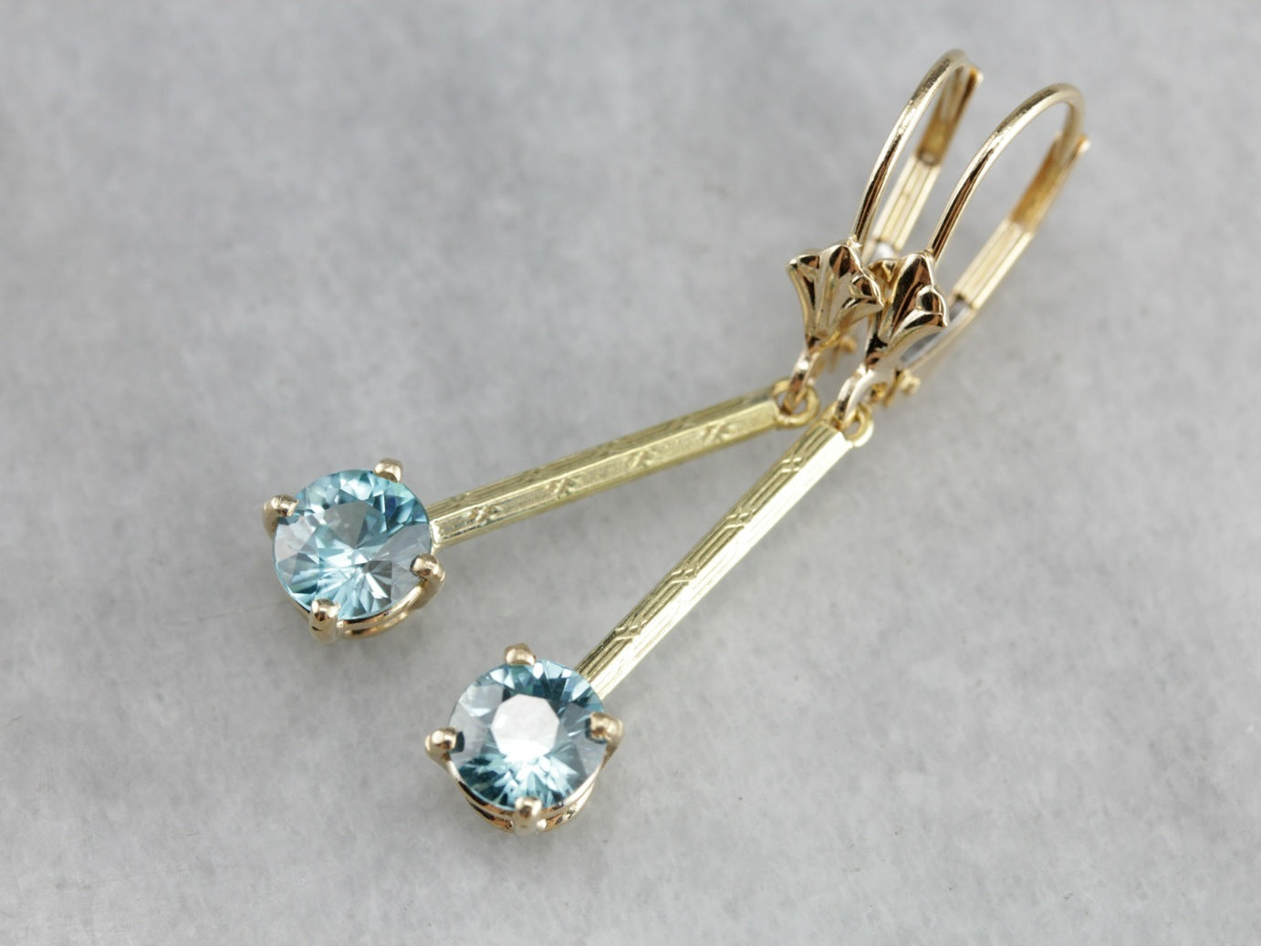 Blue Zircon Gold Bar Drop Earrings