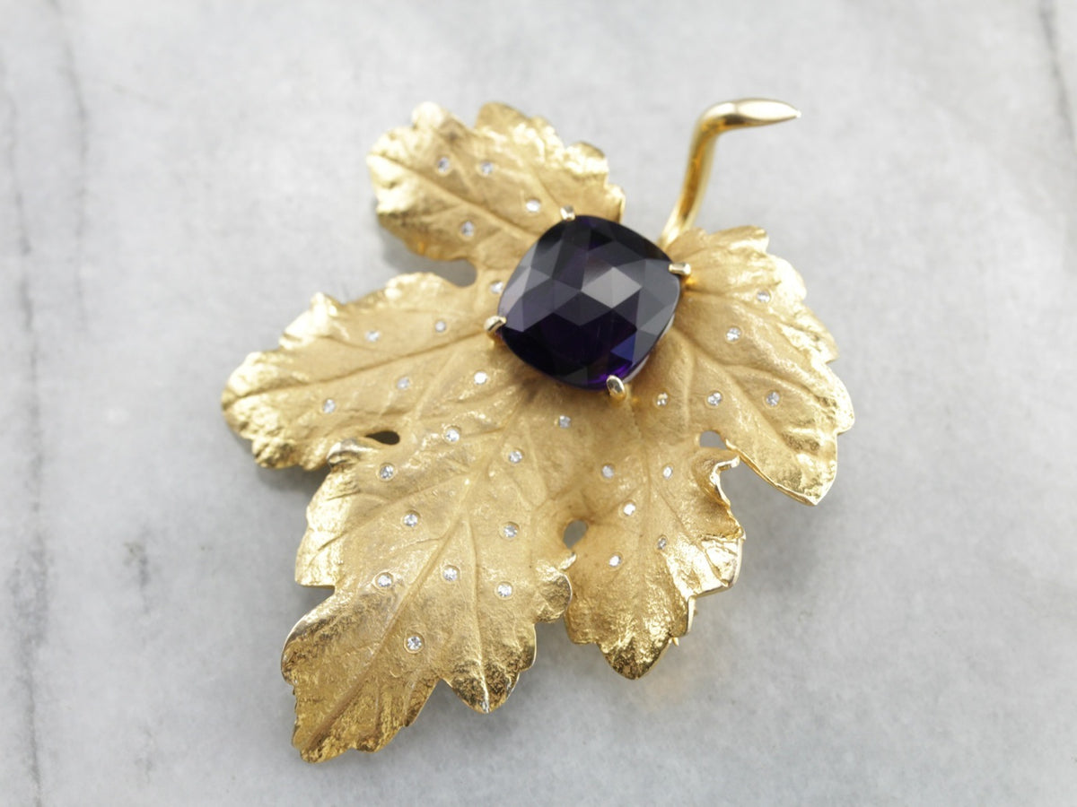 Vintage Sculpted Leaf Pin with Amethyst and Diamonds