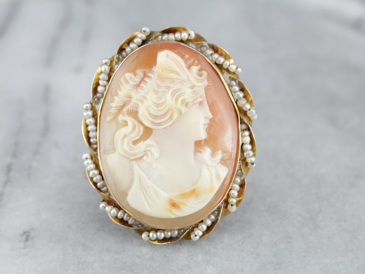 Vintage Cameo Brooch or Pendant with Seed Pearl Accents