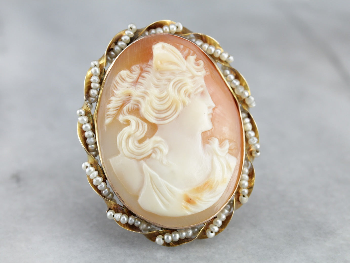 Vintage Cameo Brooch or Pendant with Seed Pearl Accents