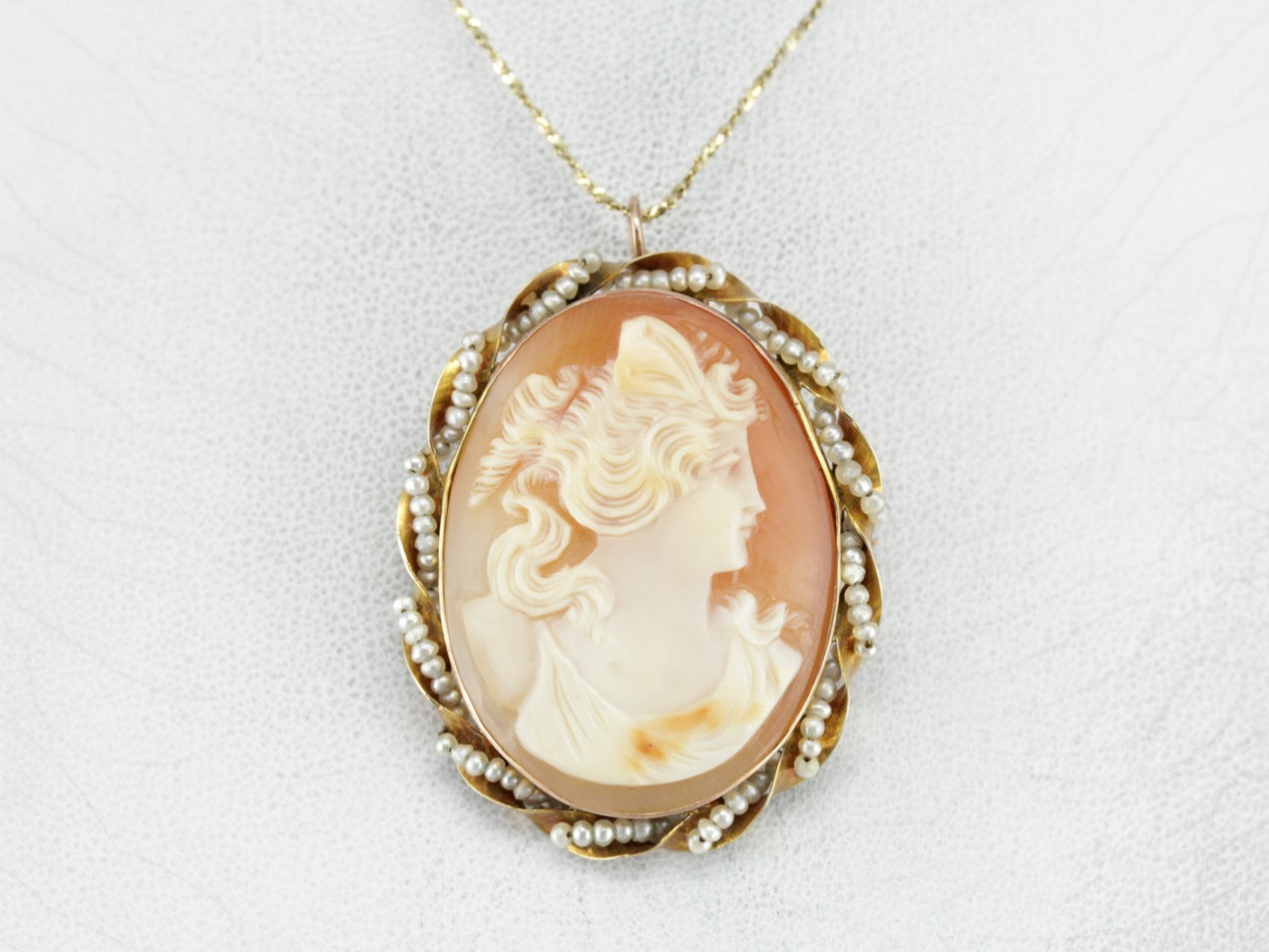 Vintage Cameo Brooch or Pendant with Seed Pearl Accents