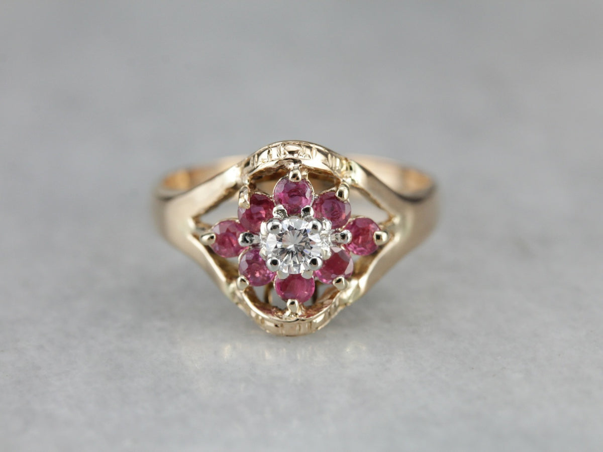 Floral Diamond and Ruby Cocktail Ring