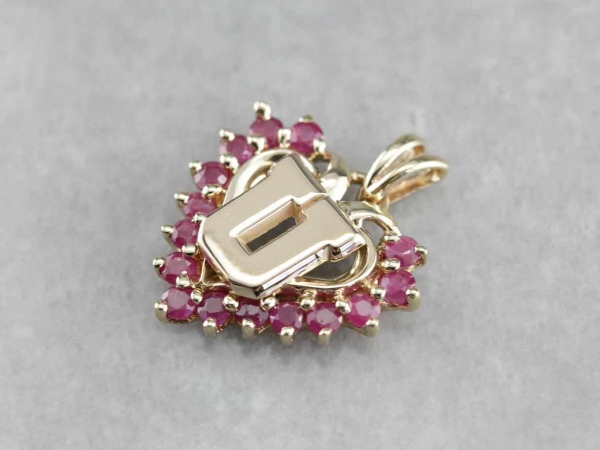 Ruby Heart "U" Monogram Gold Pendant