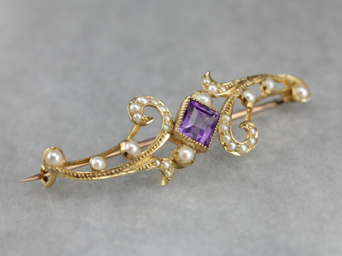 Art Nouveau Amethyst Seed Pearl Brooch