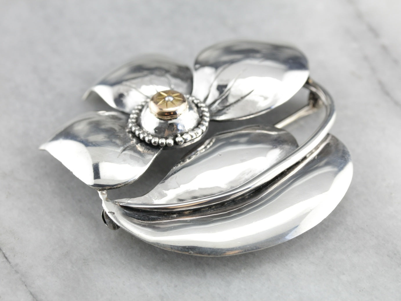 Sterling Silver and Gold Pretty Dogwood Flower Brooch