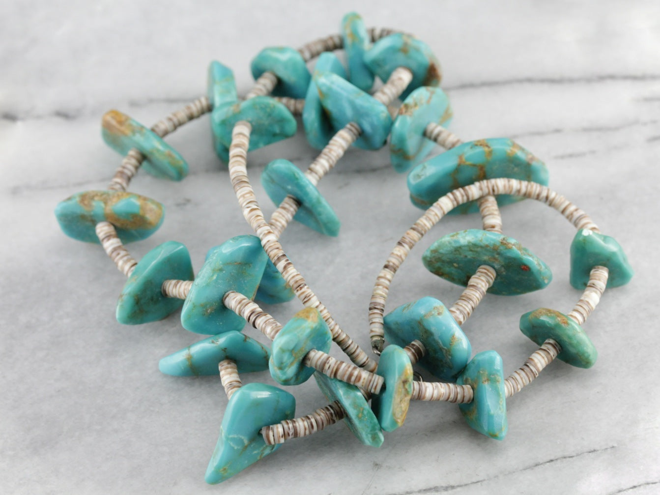 Mosaic Turquoise on Shell, with Heishi Necklace - Long Ago & Far Away