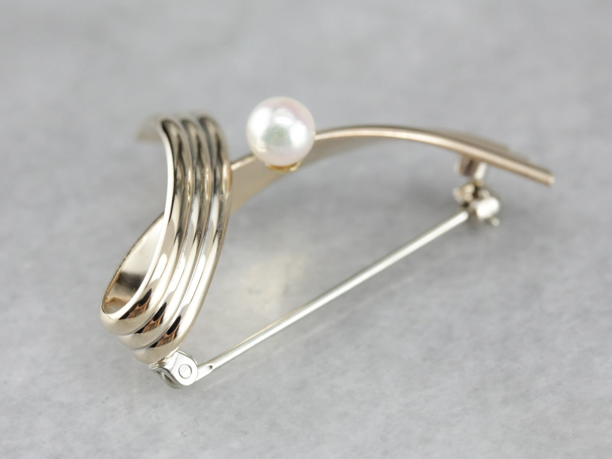 Modernist Pearl Gold Ribbon Brooch