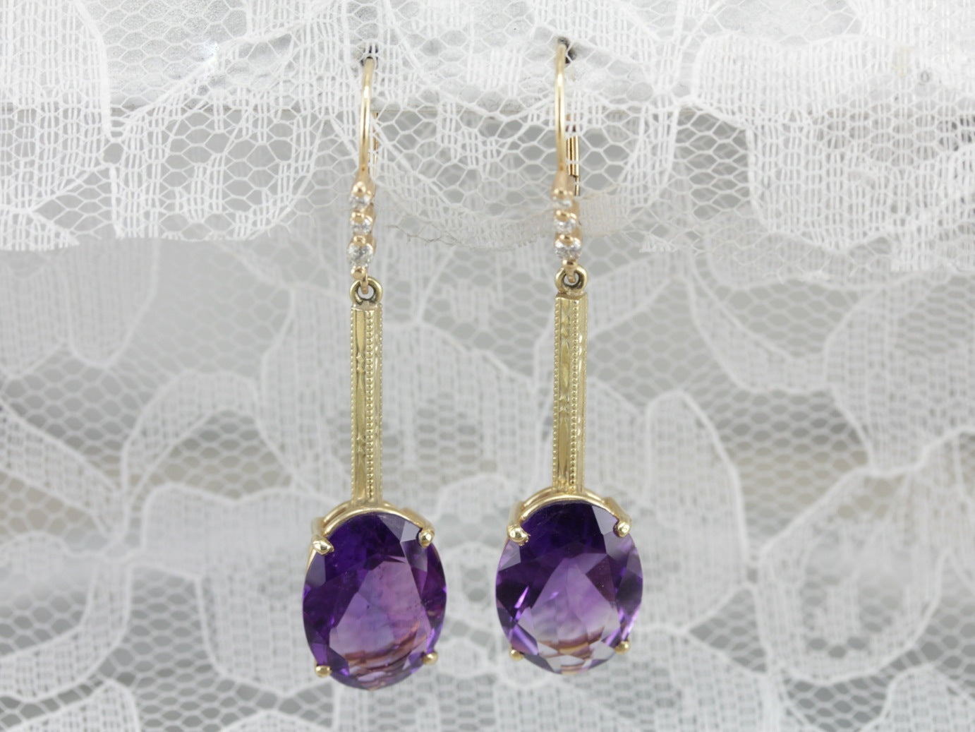 Large Amethyst and Daimond Drop Earrings