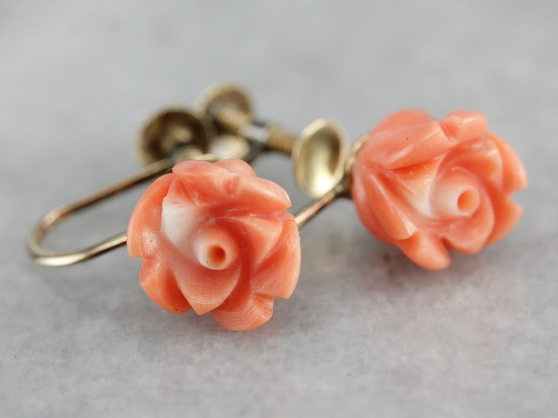 Carved Coral popular Flower Earrings Vintage