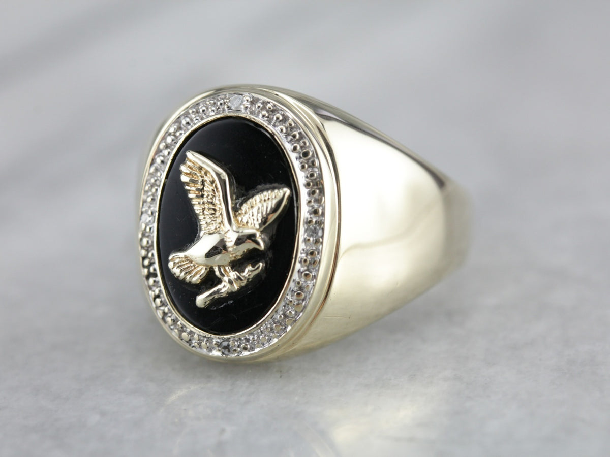 Men&#39;s Eagle Black Onyx Gold Statement Ring