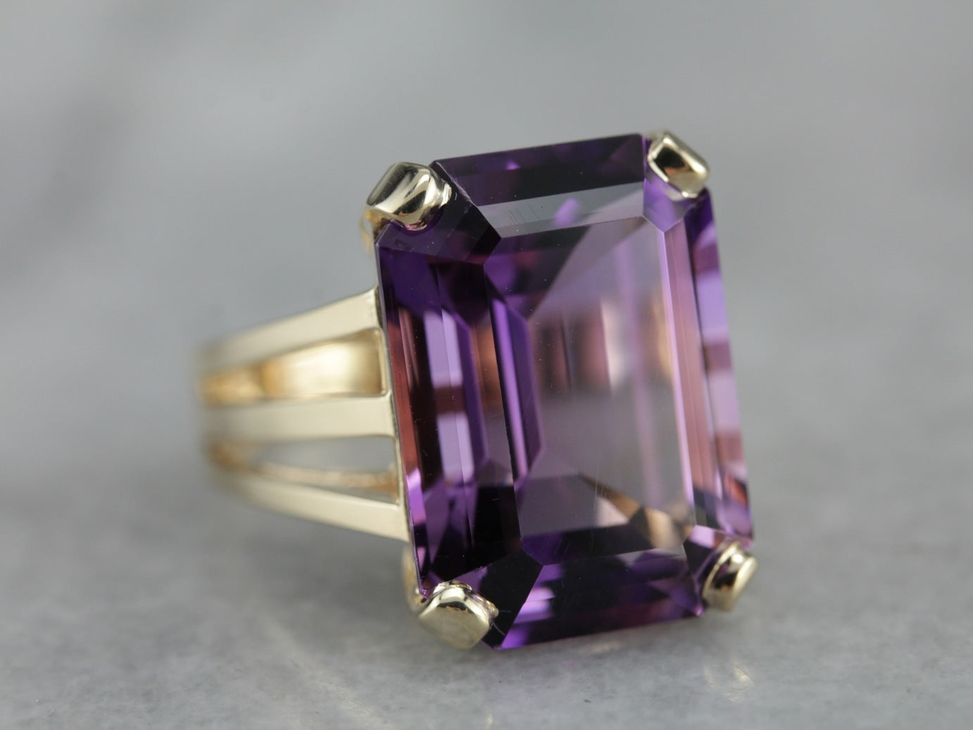 Rectangular Emerald Cut Amethyst Cocktail Ring in Yellow Gold