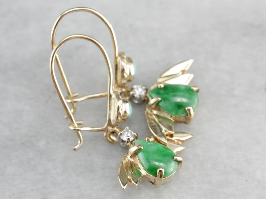 Vintage Jade Diamond and Turquoise Drop Earrings