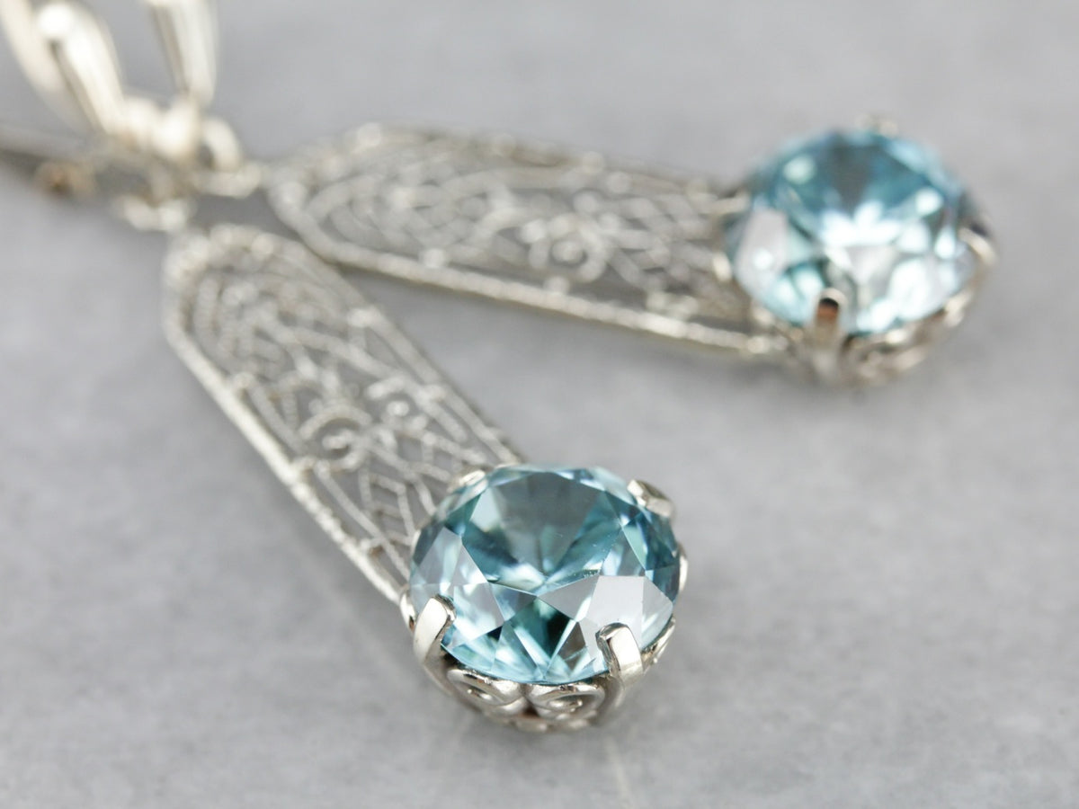 Blue Zircon Filigree Drop Earrings in White Gold with Leverbacks