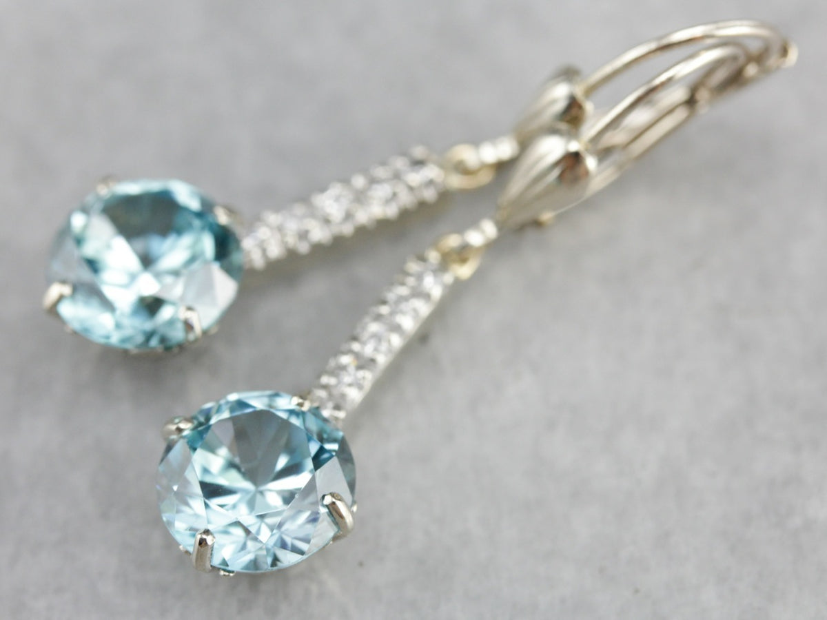 Blue Zircon Drop Earrings with Diamond Accents