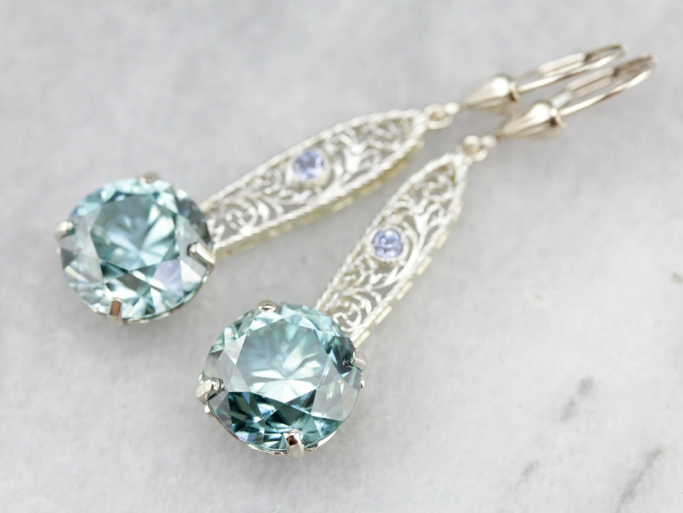 Blue Zircon and Sapphire Filigree Drop Earrings