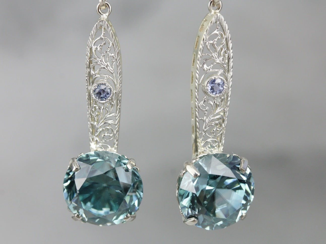 Blue Zircon and Sapphire Filigree Drop Earrings