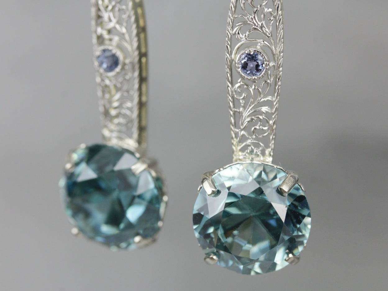 Blue Zircon and Sapphire Filigree Drop Earrings